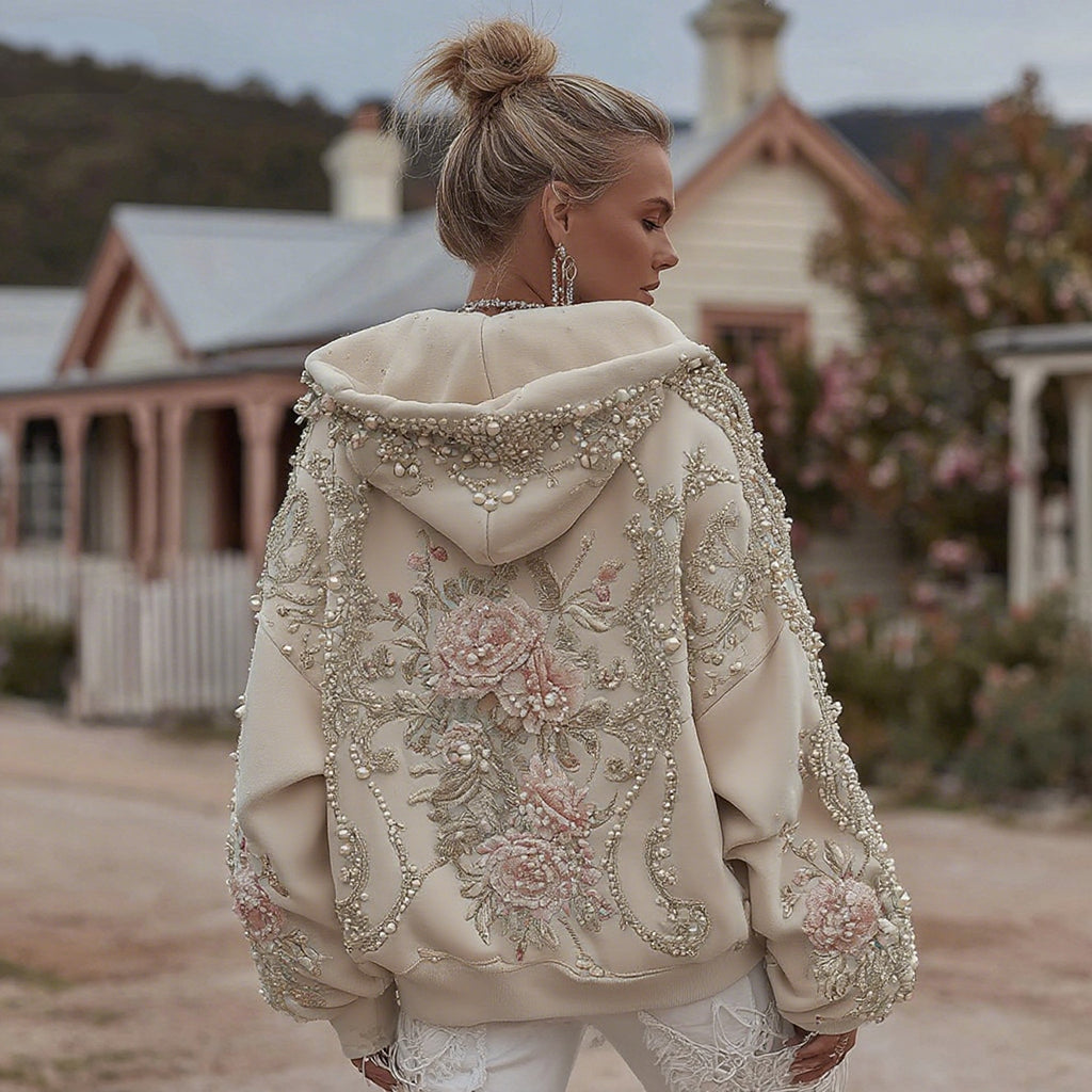 Damen Retro Boho Blumenstickerei Freizeit-Kapuzenpullover