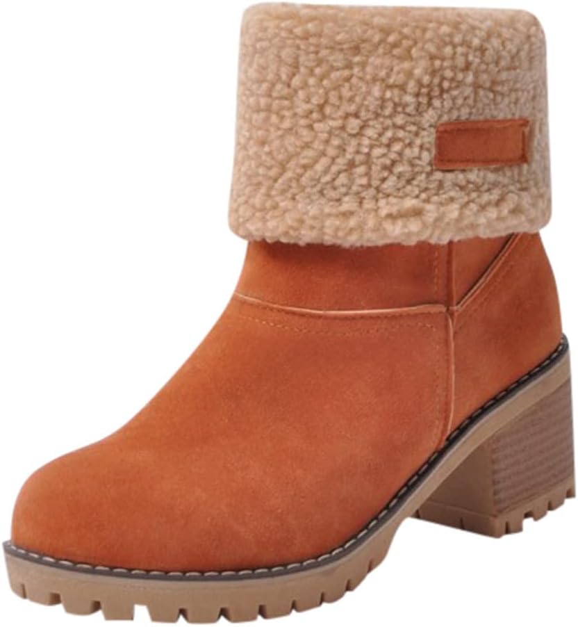 Damen Einfarbige Flauschige Stiefel, Weiche Sohle Grober Absatz Fleece-Futter Stiefel, Winter Rutschfeste Schneestiefel