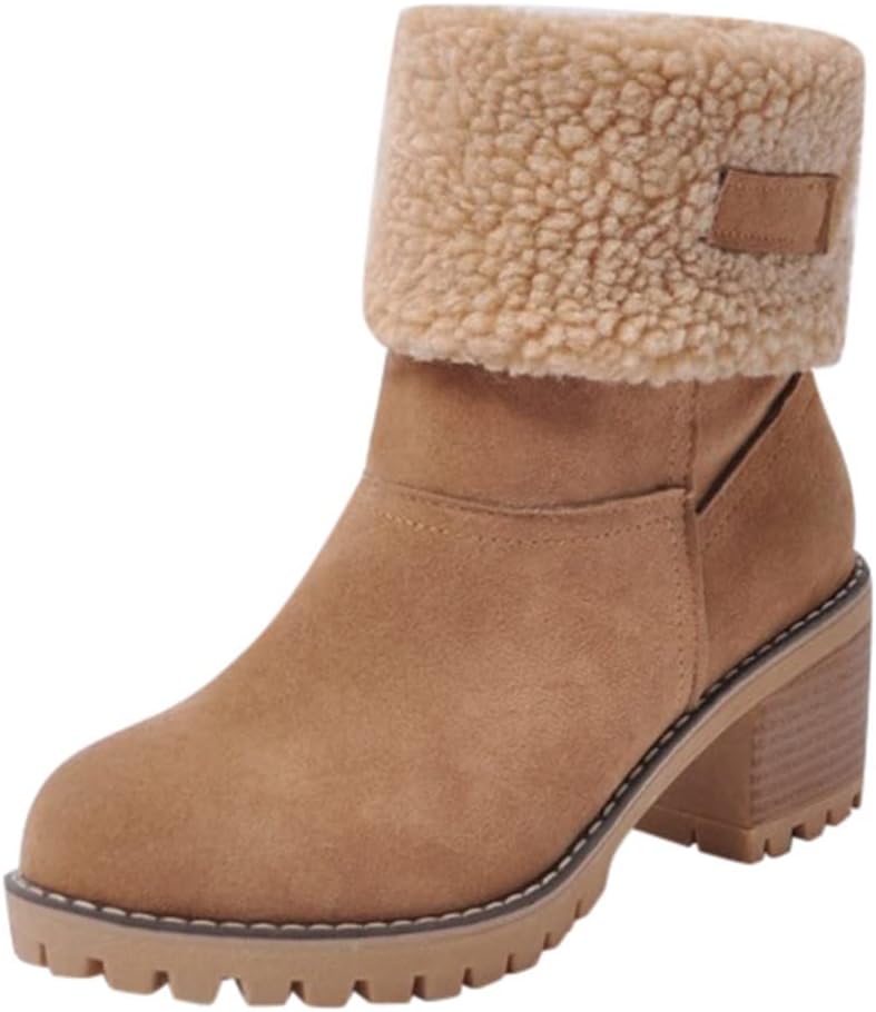 Damen Einfarbige Flauschige Stiefel, Weiche Sohle Grober Absatz Fleece-Futter Stiefel, Winter Rutschfeste Schneestiefel