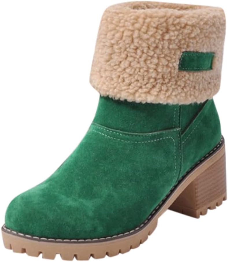 Damen Einfarbige Flauschige Stiefel, Weiche Sohle Grober Absatz Fleece-Futter Stiefel, Winter Rutschfeste Schneestiefel