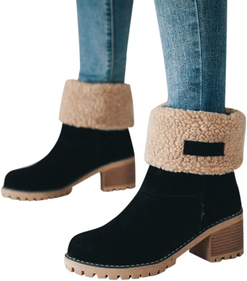 Damen Einfarbige Flauschige Stiefel, Weiche Sohle Grober Absatz Fleece-Futter Stiefel, Winter Rutschfeste Schneestiefel