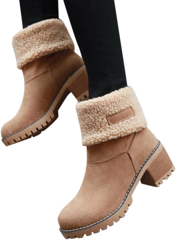 Damen Einfarbige Flauschige Stiefel, Weiche Sohle Grober Absatz Fleece-Futter Stiefel, Winter Rutschfeste Schneestiefel