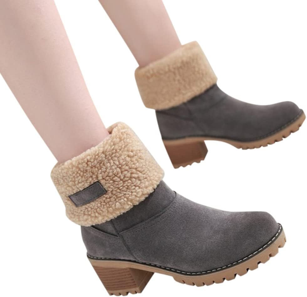 Damen Einfarbige Flauschige Stiefel, Weiche Sohle Grober Absatz Fleece-Futter Stiefel, Winter Rutschfeste Schneestiefel