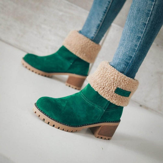 Women's Solid Color Fuzzy Boots, Soft Sole Chunky Heel Fleece Lining Boots, Winter Non-slip Snow Boots