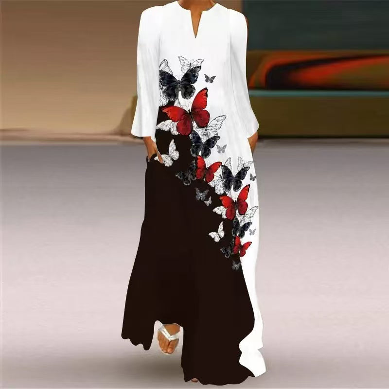 Women's White Floral Print V Neck Long Sleeve Dress