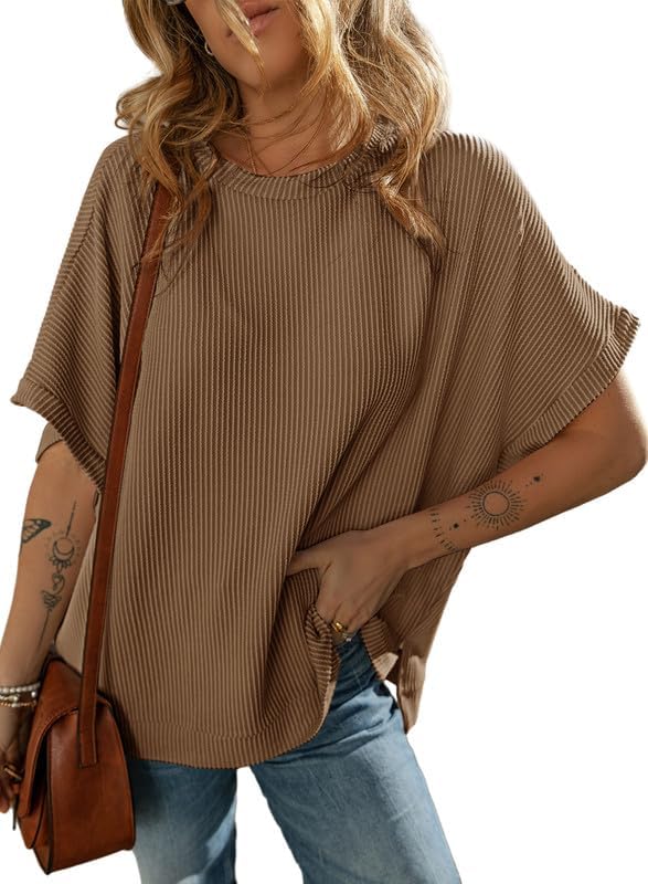 Dokotoo Women's Casual Oversized Short Sleeve Solid Color Loose Texture Knit Tunic Tops Blouses