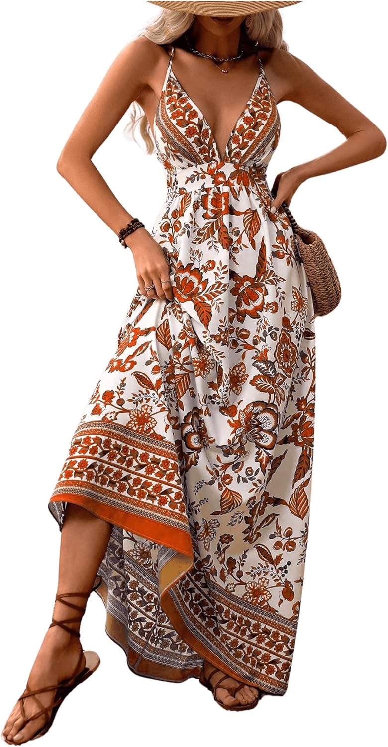 MakeMeChic Damen Boho V-Ausschnitt Ärmelloses Maxi-Sommerkleid Geblümt Kreuz und quer rückenfrei Ausgestelltes Cami-Kleid