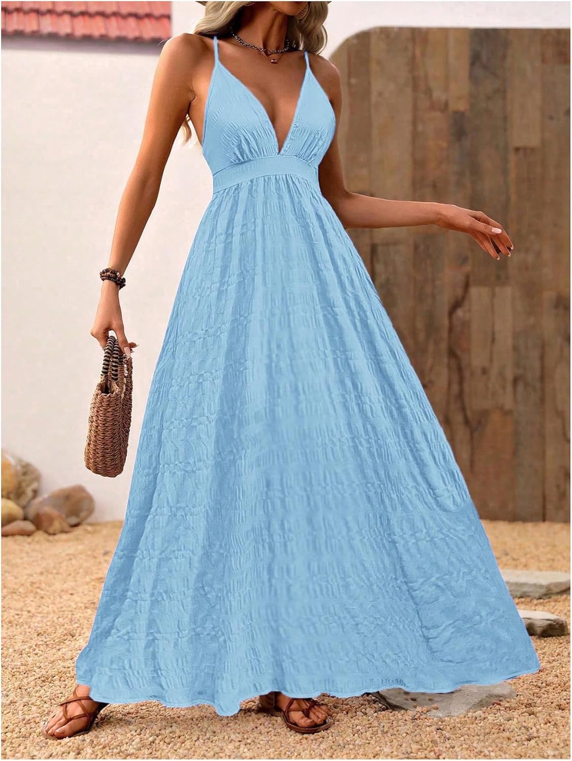 MakeMeChic Damen Boho V-Ausschnitt Ärmelloses Maxi-Sommerkleid Geblümt Kreuz und quer rückenfrei Ausgestelltes Cami-Kleid