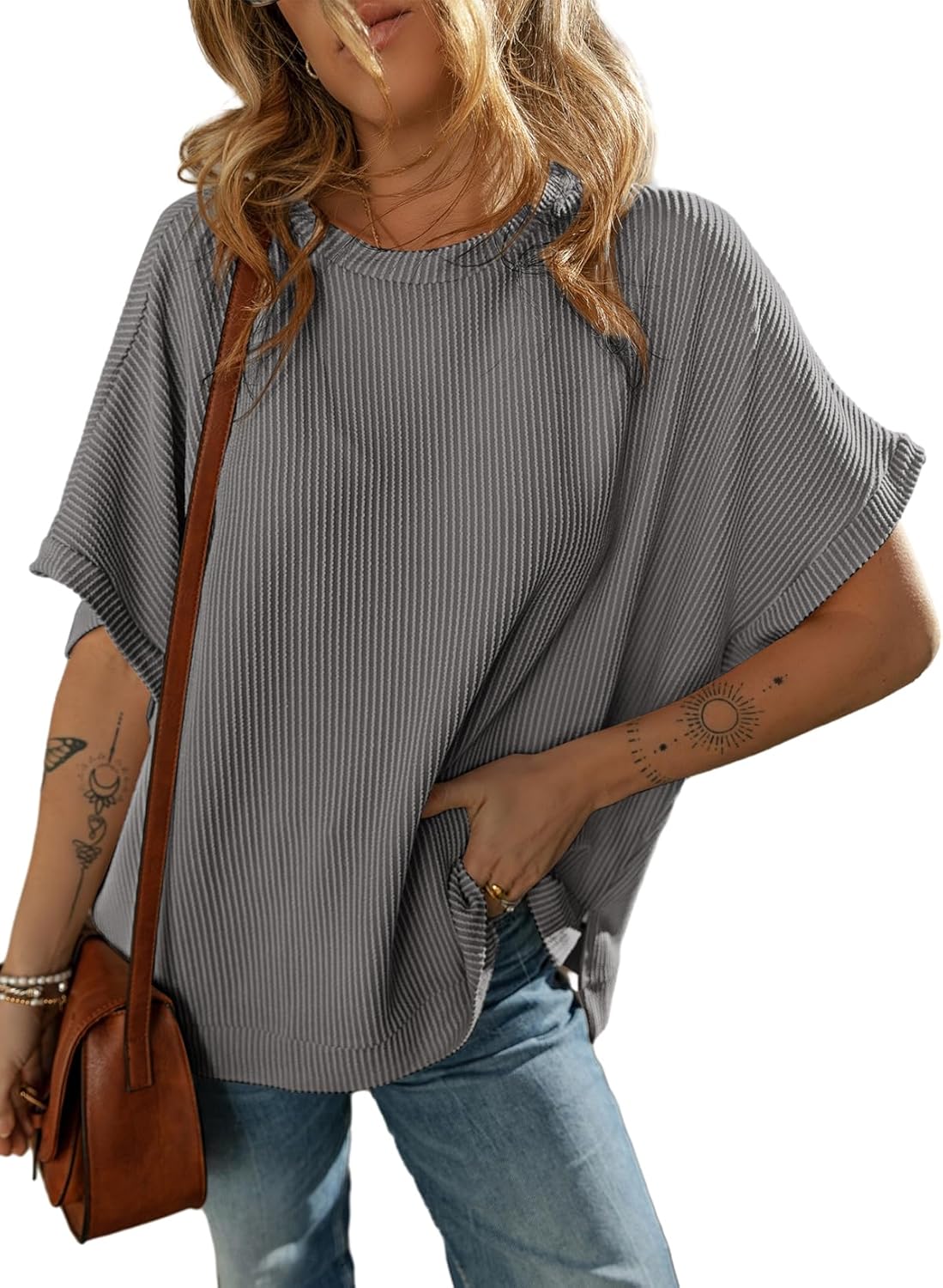 Dokotoo Women's Casual Oversized Short Sleeve Solid Color Loose Texture Knit Tunic Tops Blouses