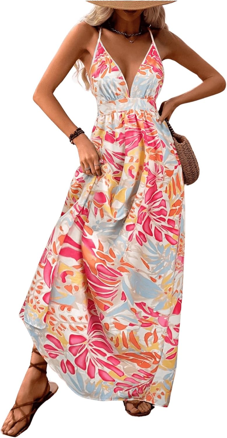 MakeMeChic Damen Boho V-Ausschnitt Ärmelloses Maxi-Sommerkleid Geblümt Kreuz und quer rückenfrei Ausgestelltes Cami-Kleid