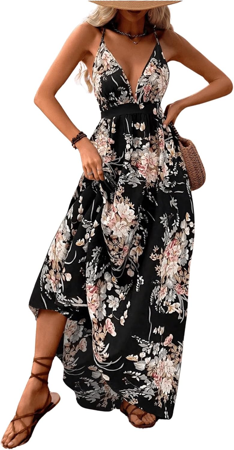 MakeMeChic Damen Boho V-Ausschnitt Ärmelloses Maxi-Sommerkleid Geblümt Kreuz und quer rückenfrei Ausgestelltes Cami-Kleid