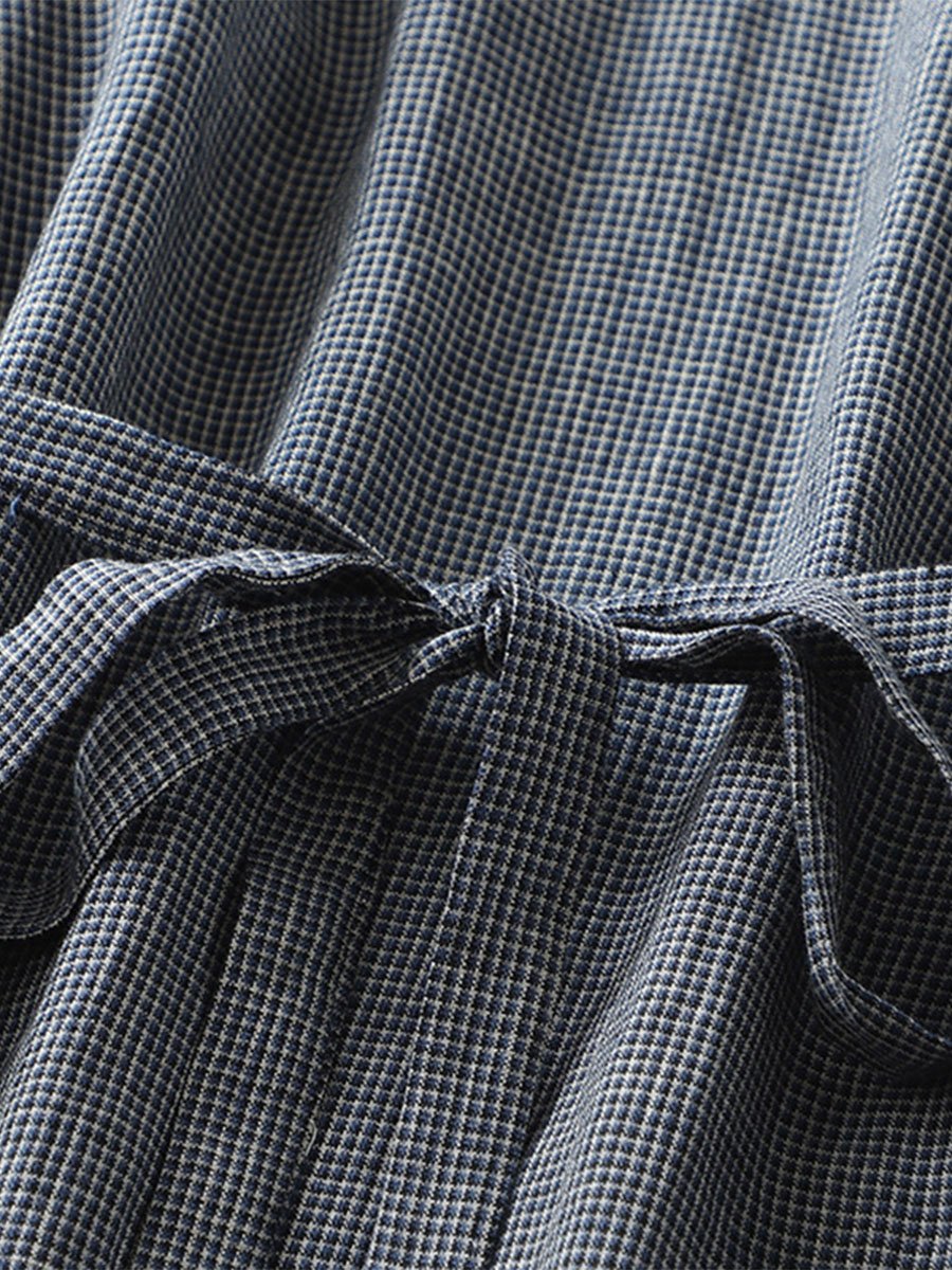 Damen Vintage Karomuster V-Ausschnitt Krawatte Halbarmkleid