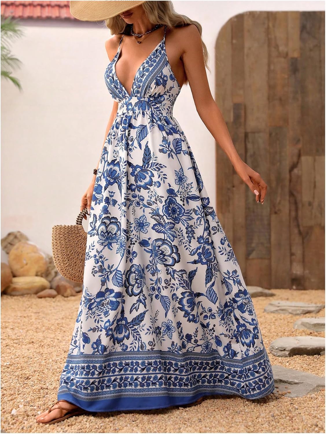 MakeMeChic Damen Boho V-Ausschnitt Ärmelloses Maxi-Sommerkleid Geblümt Kreuz und quer rückenfrei Ausgestelltes Cami-Kleid