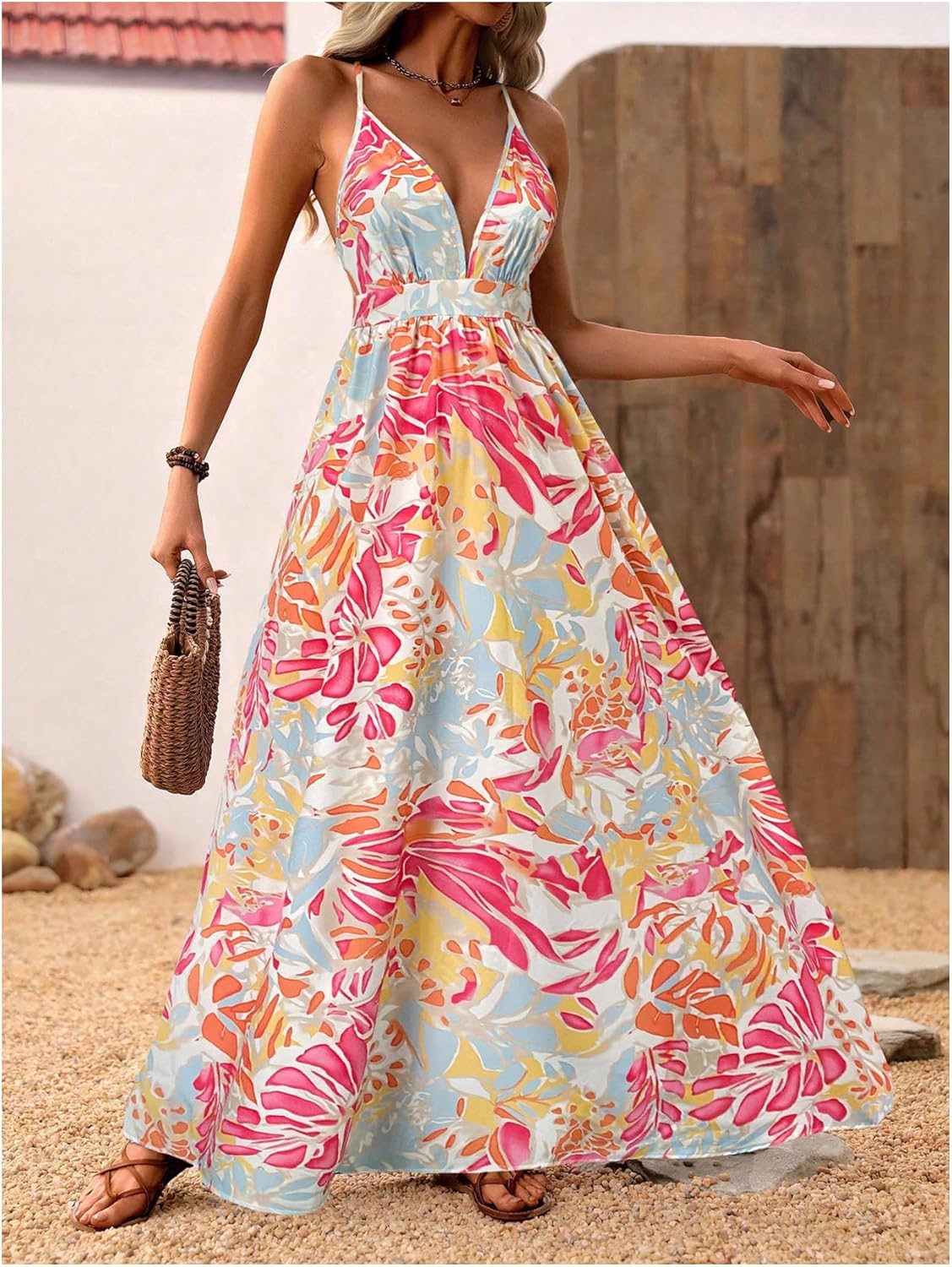 MakeMeChic Damen Boho V-Ausschnitt Ärmelloses Maxi-Sommerkleid Geblümt Kreuz und quer rückenfrei Ausgestelltes Cami-Kleid