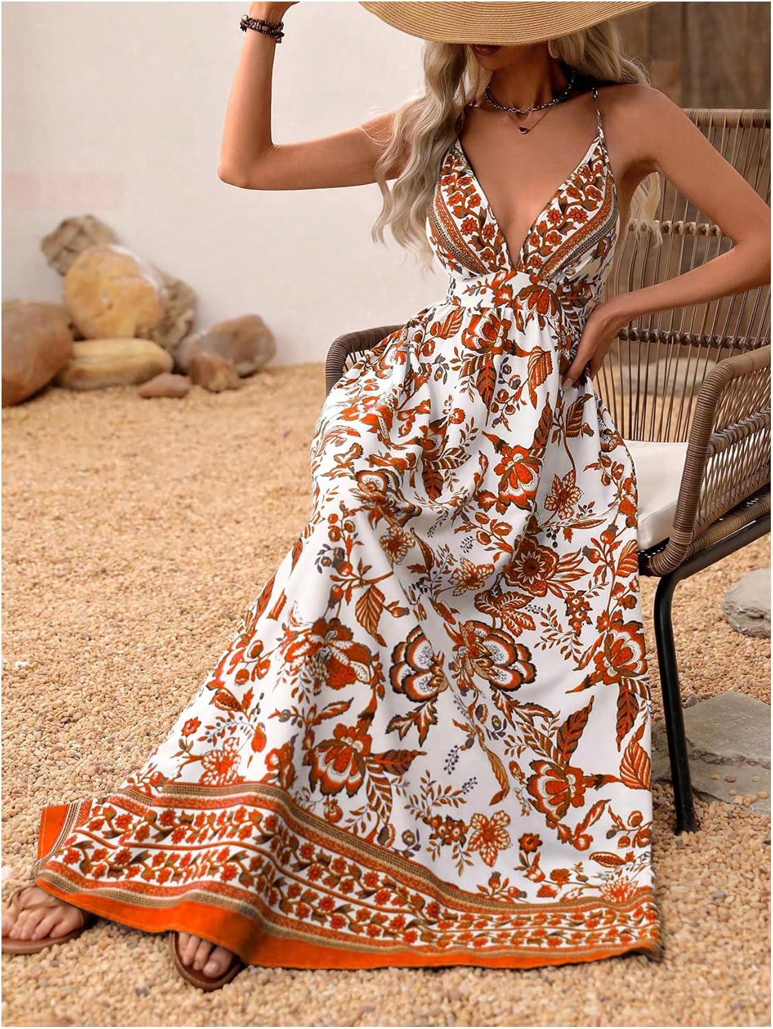 MakeMeChic Damen Boho V-Ausschnitt Ärmelloses Maxi-Sommerkleid Geblümt Kreuz und quer rückenfrei Ausgestelltes Cami-Kleid