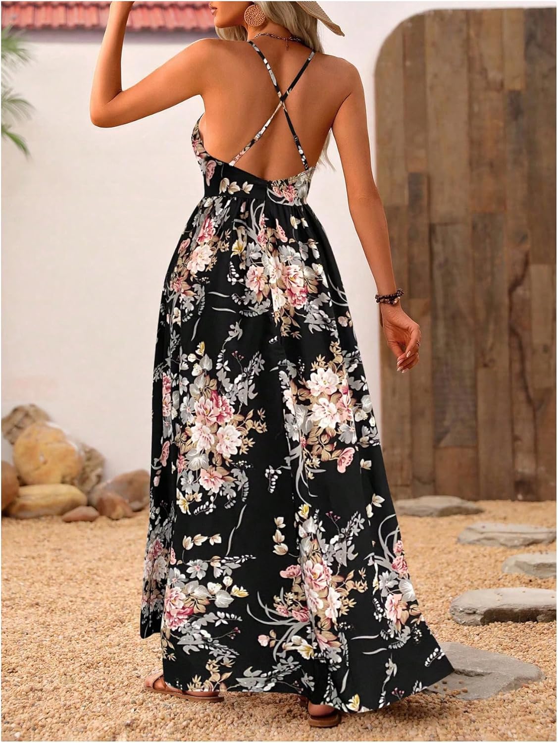 MakeMeChic Damen Boho V-Ausschnitt Ärmelloses Maxi-Sommerkleid Geblümt Kreuz und quer rückenfrei Ausgestelltes Cami-Kleid