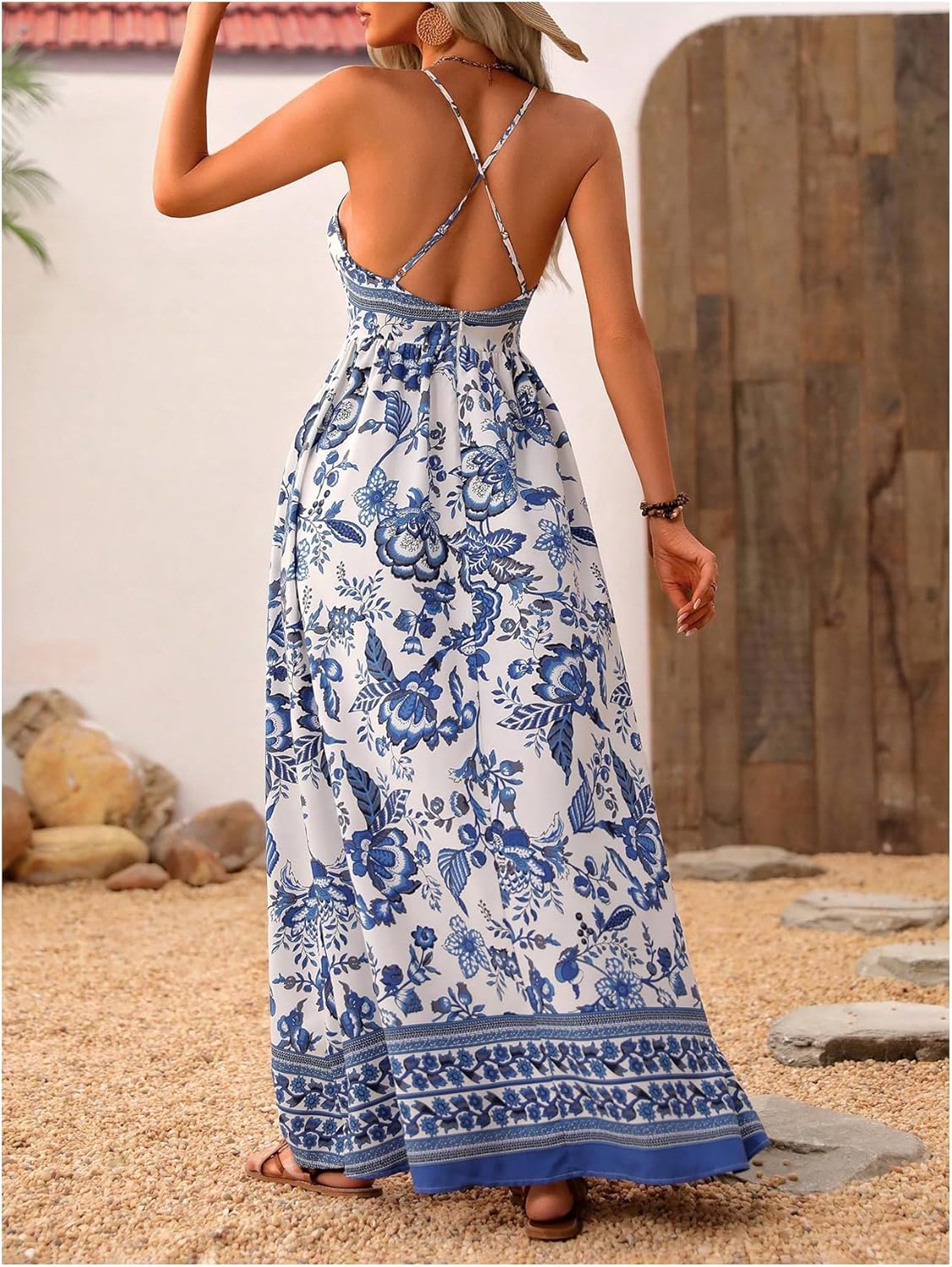 MakeMeChic Damen Boho V-Ausschnitt Ärmelloses Maxi-Sommerkleid Geblümt Kreuz und quer rückenfrei Ausgestelltes Cami-Kleid