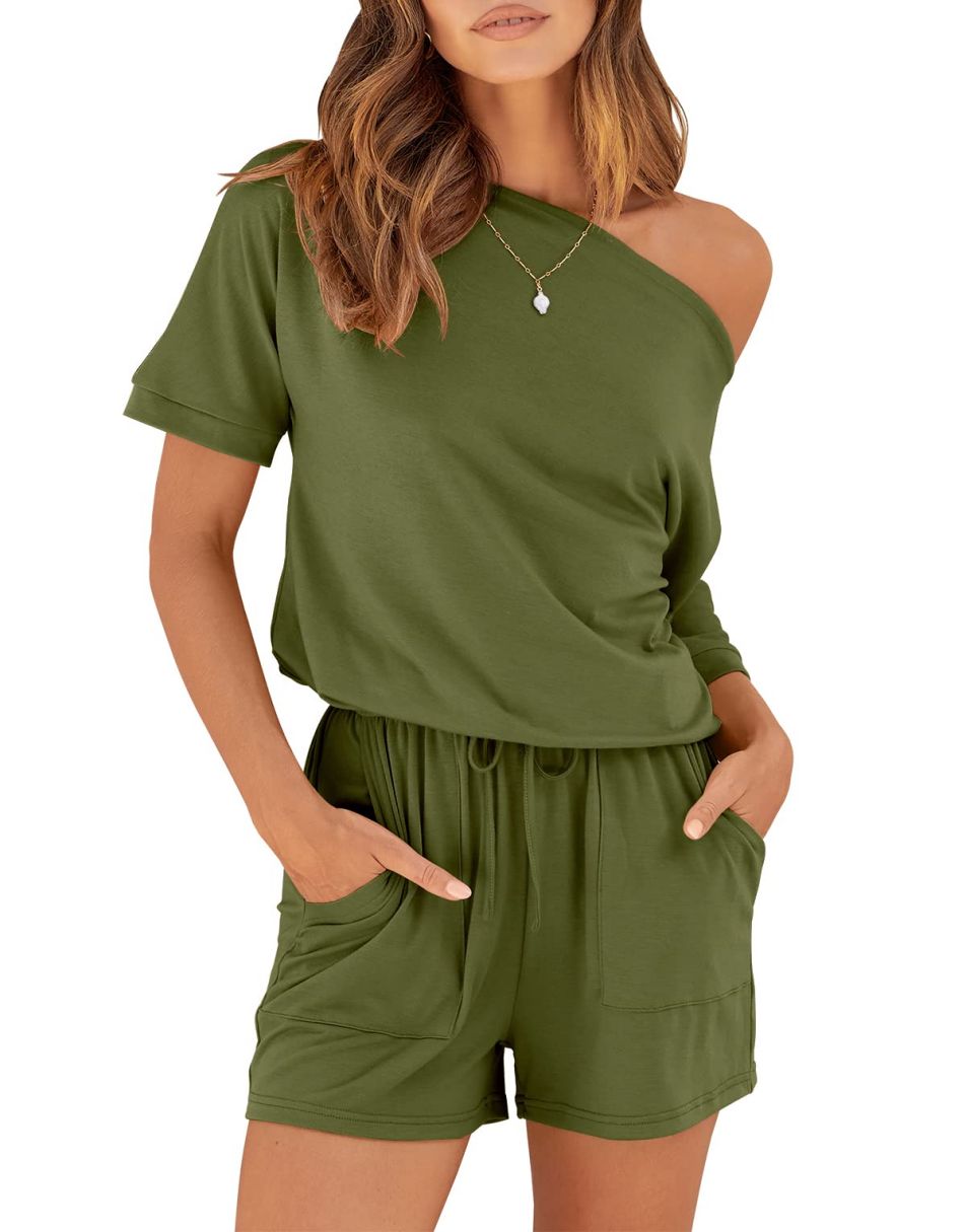 ANRABESS Kurzarm-Jumpsuit mit Streifen, Taschen, kurzer Hose, Schlafanzug, Loungewear