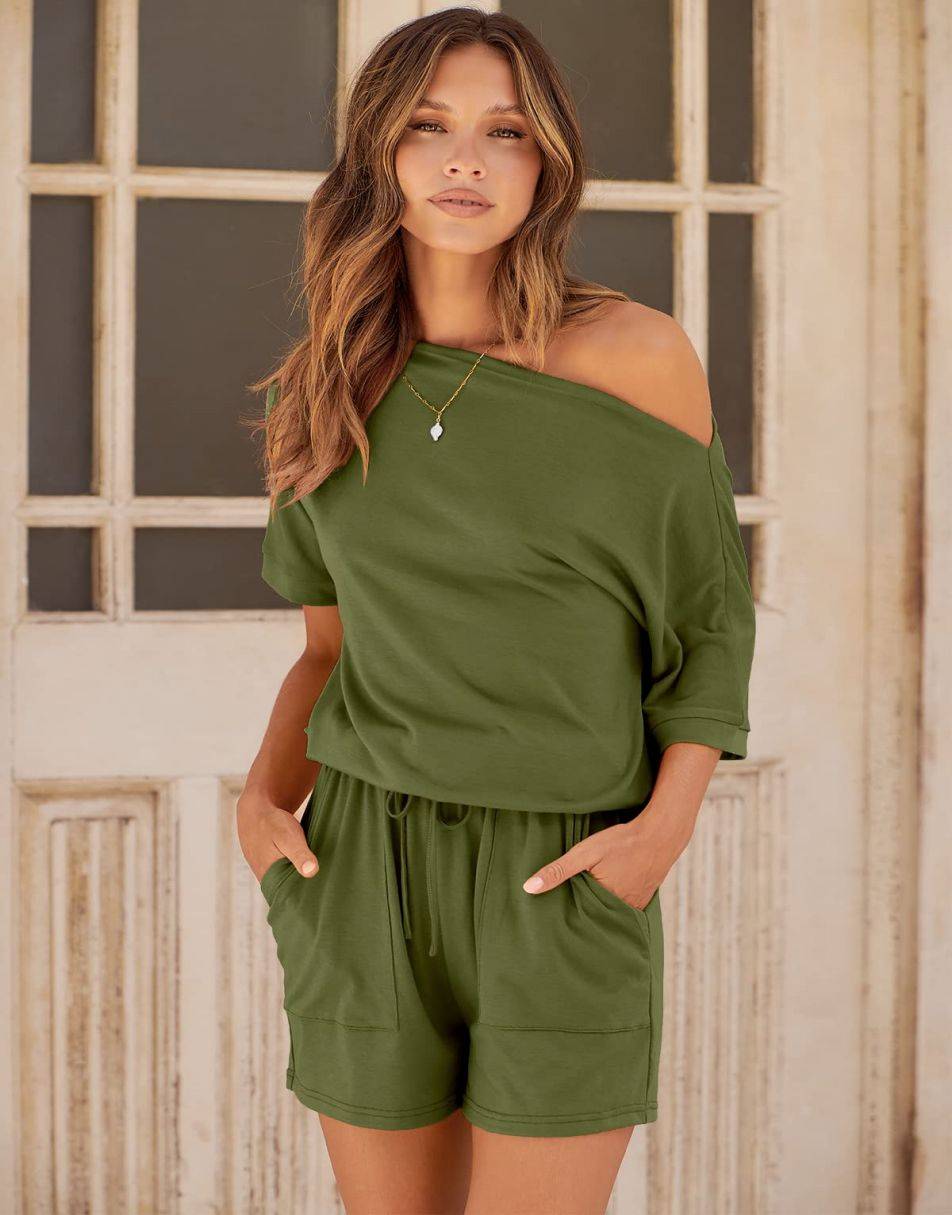 ANRABESS Kurzarm-Jumpsuit mit Streifen, Taschen, kurzer Hose, Schlafanzug, Loungewear