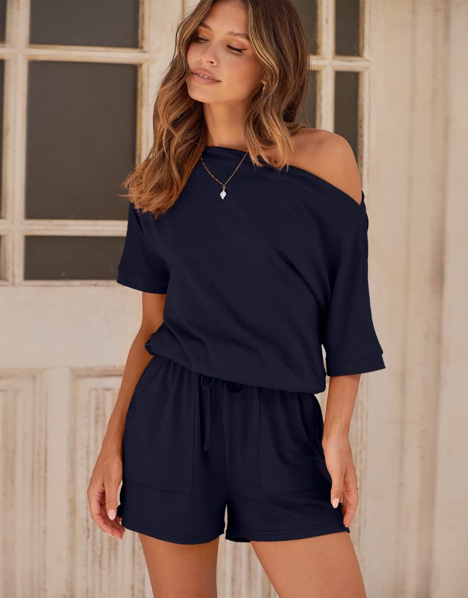 ANRABESS Kurzarm-Jumpsuit mit Streifen, Taschen, kurzer Hose, Schlafanzug, Loungewear