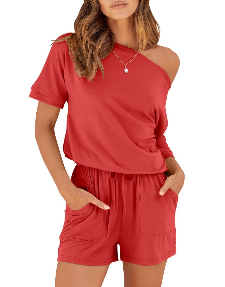 ANRABESS Kurzarm-Jumpsuit mit Streifen, Taschen, kurzer Hose, Schlafanzug, Loungewear