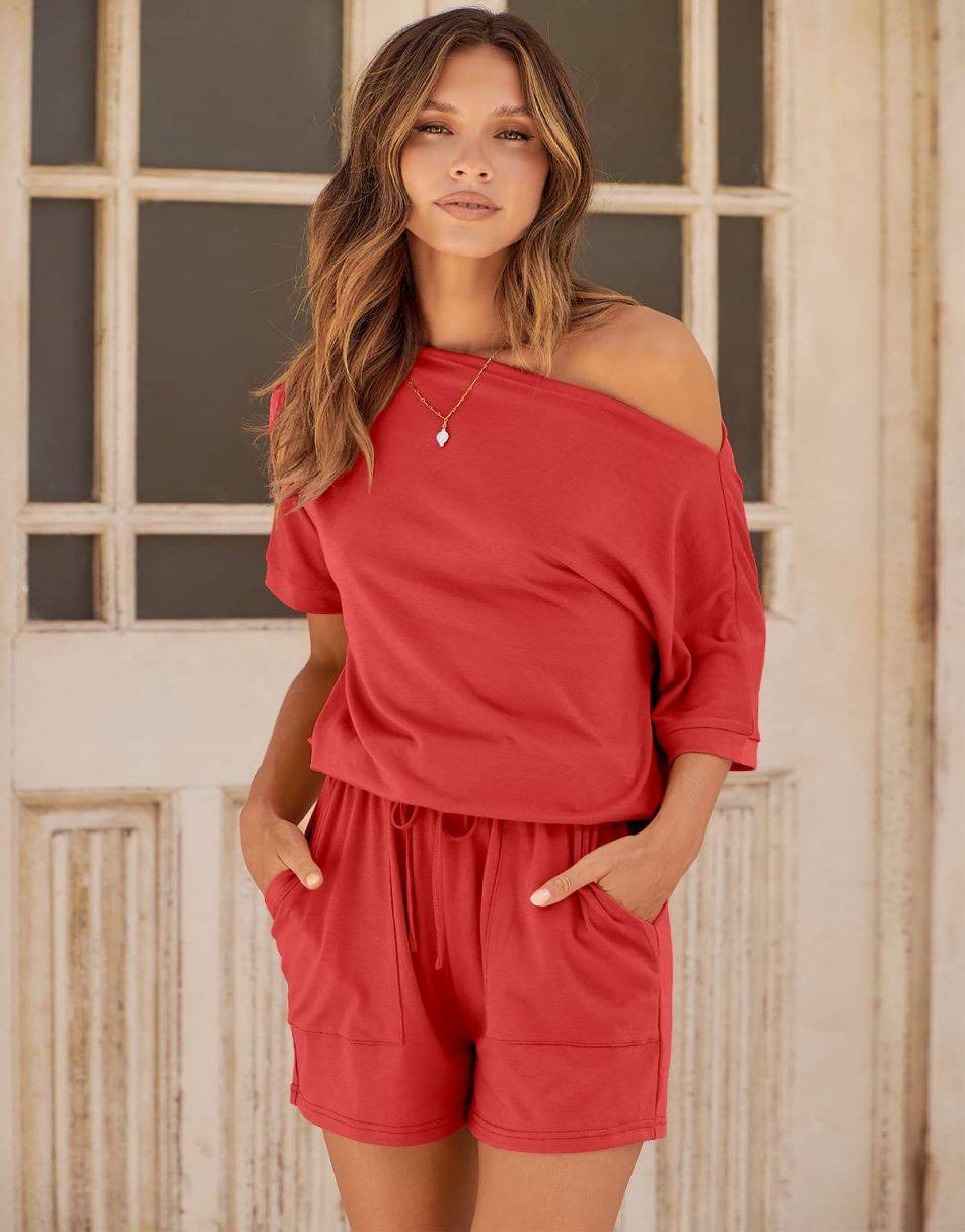 ANRABESS Kurzarm-Jumpsuit mit Streifen, Taschen, kurzer Hose, Schlafanzug, Loungewear