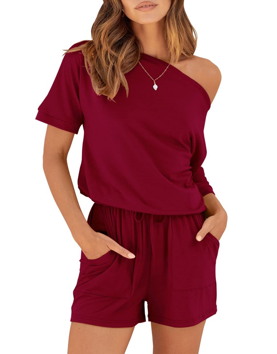 ANRABESS Kurzarm-Jumpsuit mit Streifen, Taschen, kurzer Hose, Schlafanzug, Loungewear
