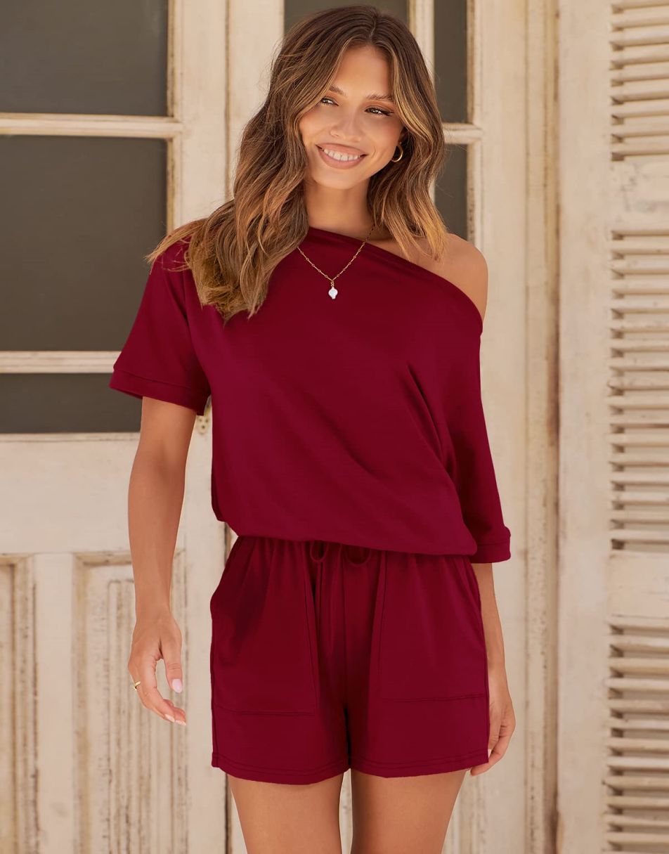 ANRABESS Kurzarm-Jumpsuit mit Streifen, Taschen, kurzer Hose, Schlafanzug, Loungewear