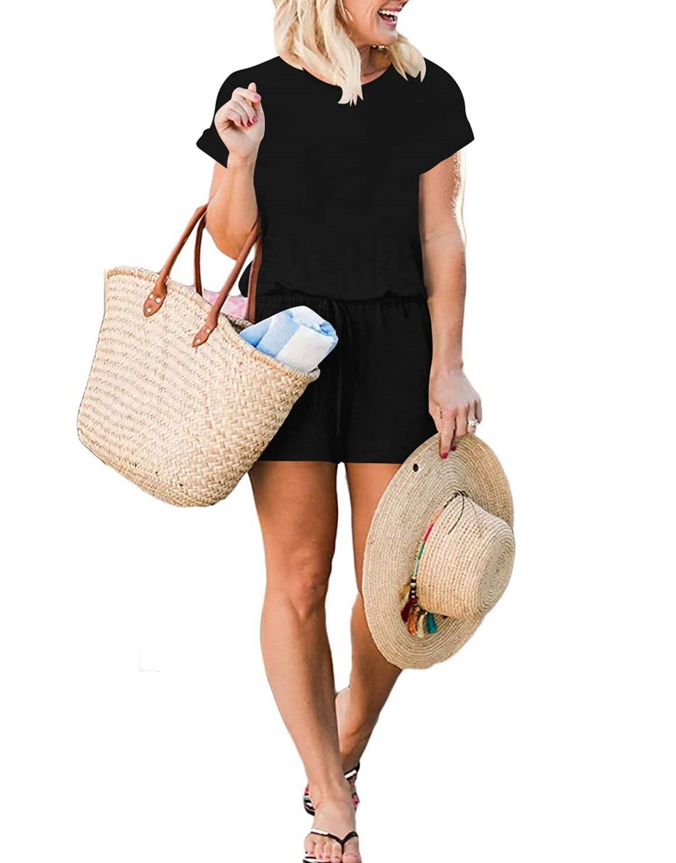ANRABESS Kurzarm-Jumpsuit mit Streifen, Taschen, kurzer Hose, Schlafanzug, Loungewear