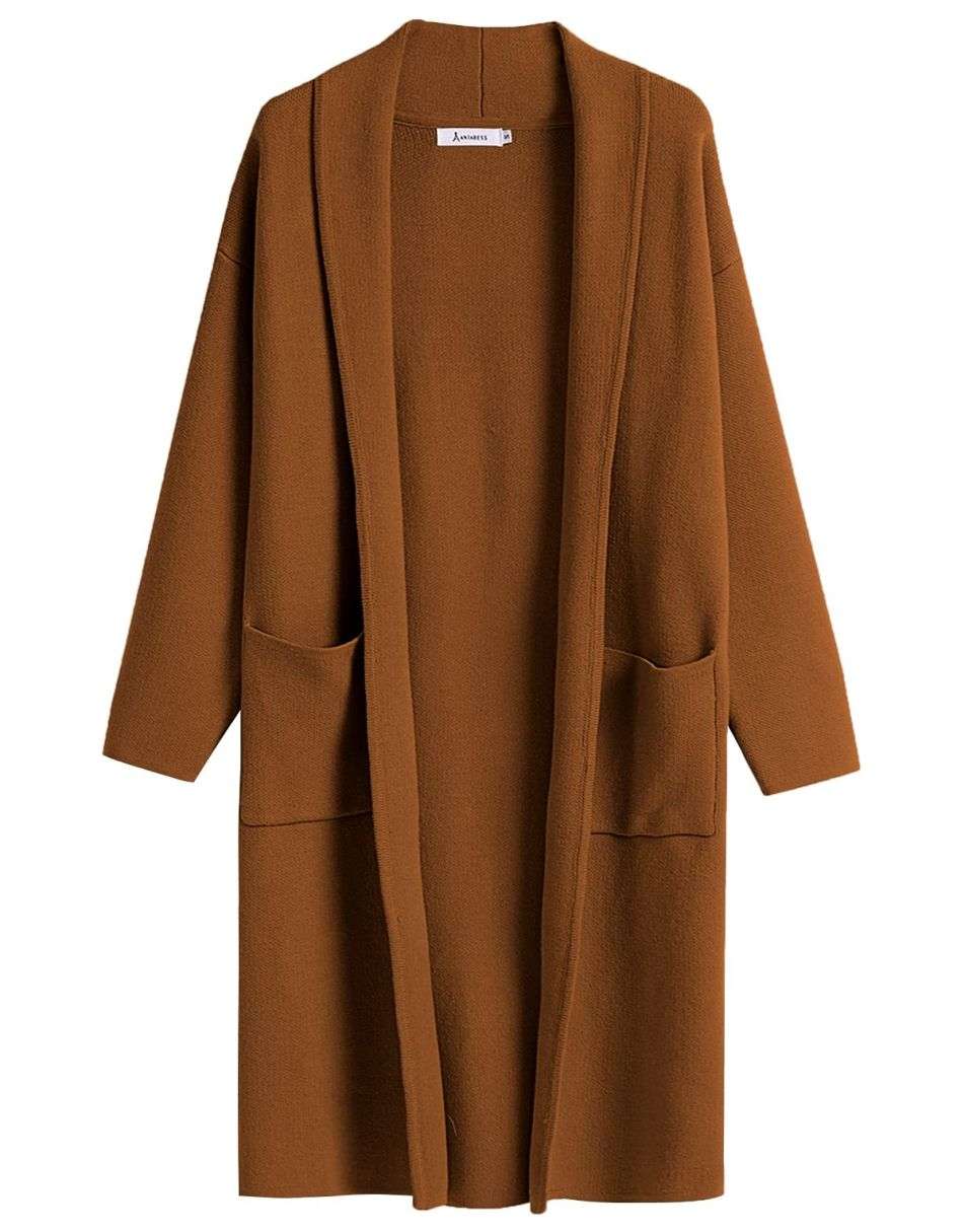 ANRABESS Damen Strickjacke Herbst 2023 Langarm Offen vorne Revers Mantel Casual Strickmantel Jacke mit Taschen