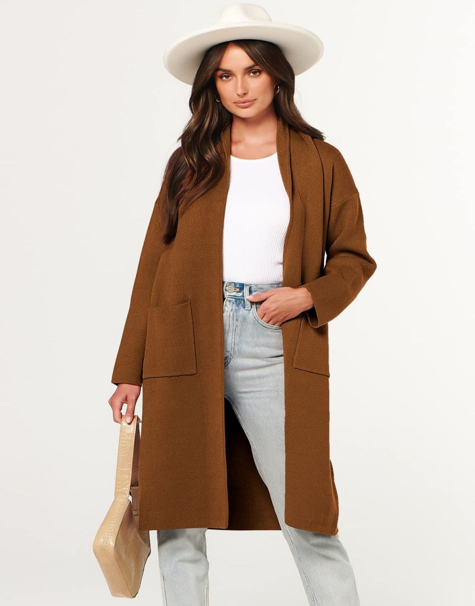 ANRABESS Damen Strickjacke Herbst 2023 Langarm Offen vorne Revers Mantel Casual Strickmantel Jacke mit Taschen
