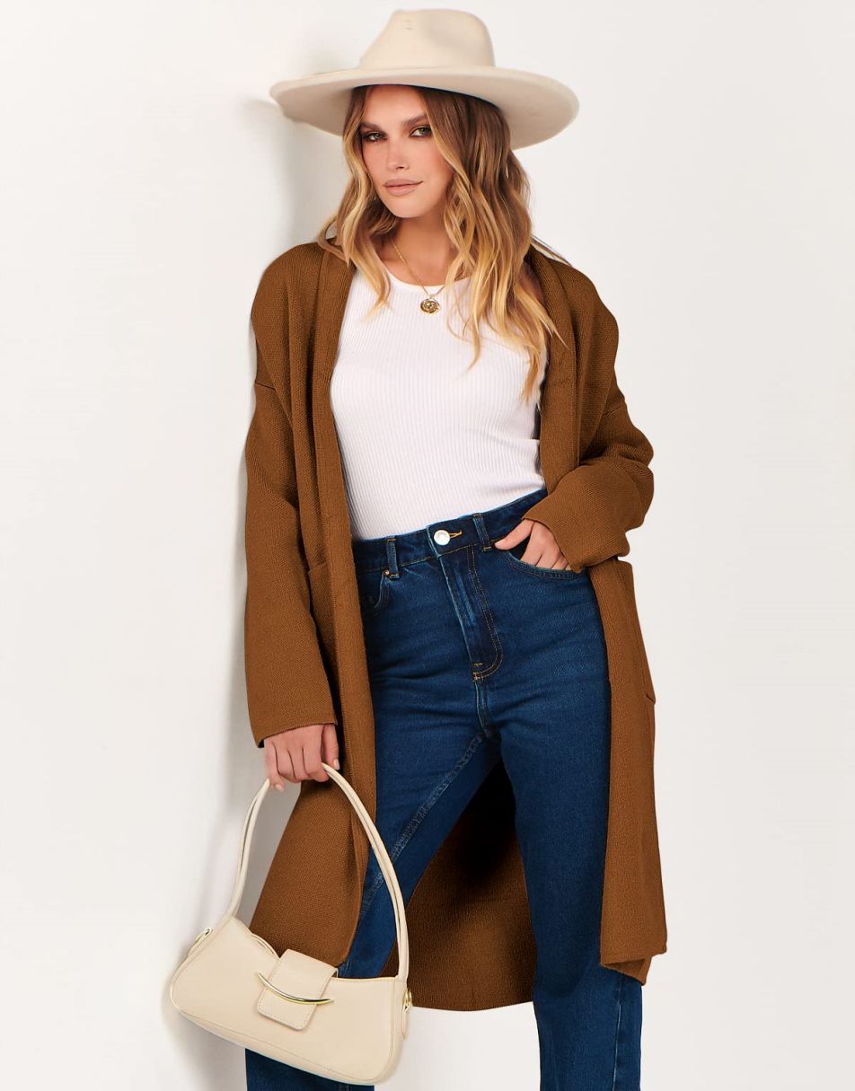 ANRABESS Damen Strickjacke Herbst 2023 Langarm Offen vorne Revers Mantel Casual Strickmantel Jacke mit Taschen