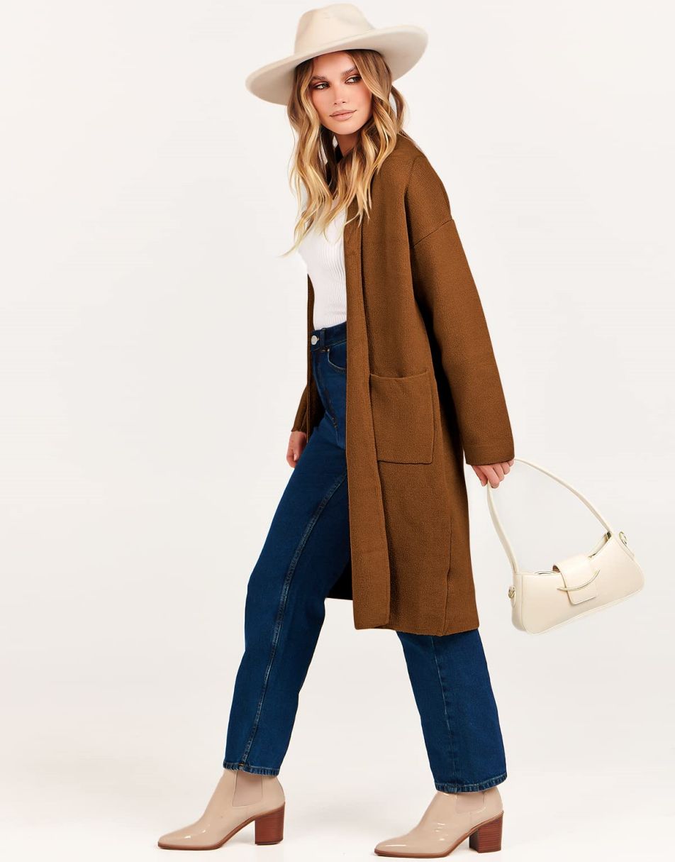 ANRABESS Damen Strickjacke Herbst 2023 Langarm Offen vorne Revers Mantel Casual Strickmantel Jacke mit Taschen