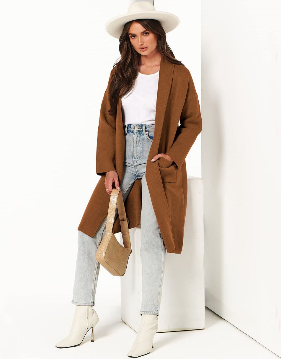 ANRABESS Damen Strickjacke Herbst 2023 Langarm Offen vorne Revers Mantel Casual Strickmantel Jacke mit Taschen