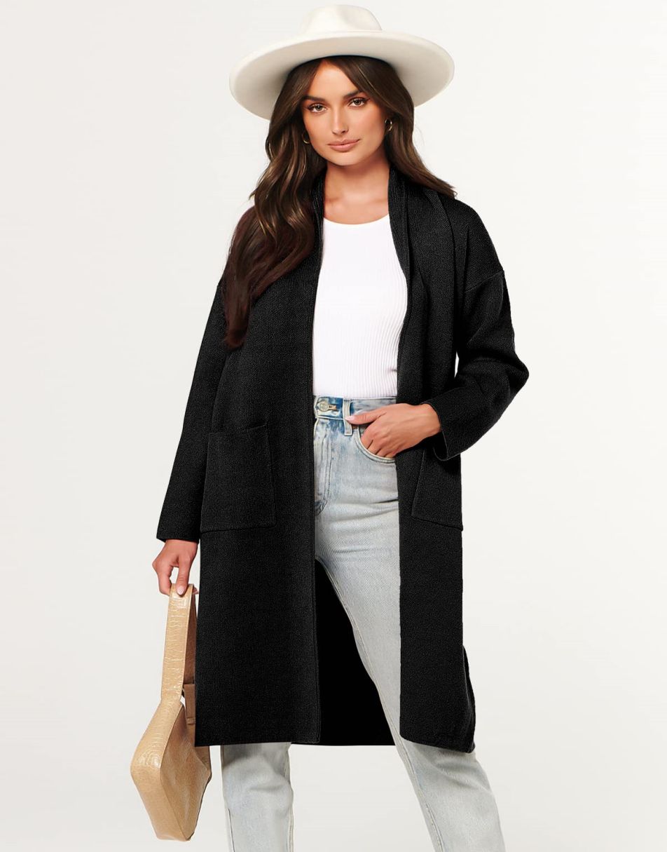ANRABESS Damen Strickjacke Herbst 2023 Langarm Offen vorne Revers Mantel Casual Strickmantel Jacke mit Taschen
