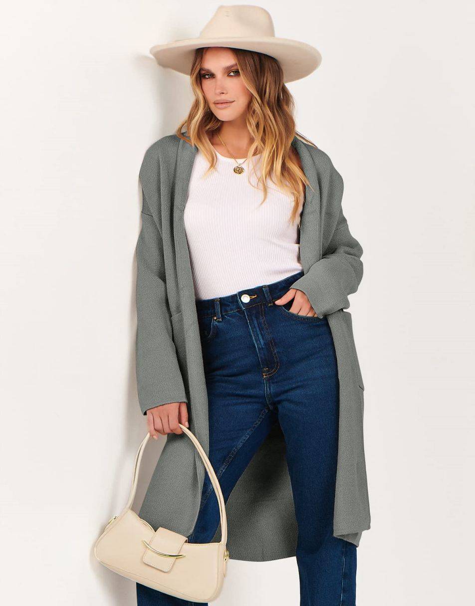 ANRABESS Damen Strickjacke Herbst 2023 Langarm Offen vorne Revers Mantel Casual Strickmantel Jacke mit Taschen