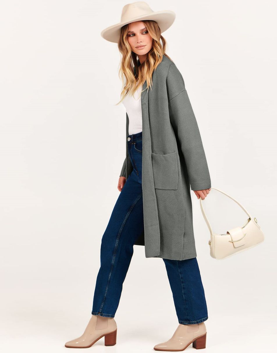 ANRABESS Damen Strickjacke Herbst 2023 Langarm Offen vorne Revers Mantel Casual Strickmantel Jacke mit Taschen