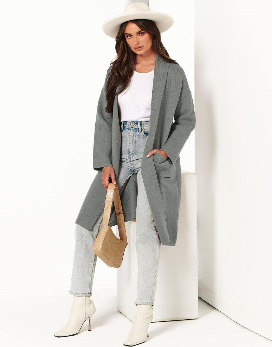 ANRABESS Damen Strickjacke Herbst 2023 Langarm Offen vorne Revers Mantel Casual Strickmantel Jacke mit Taschen