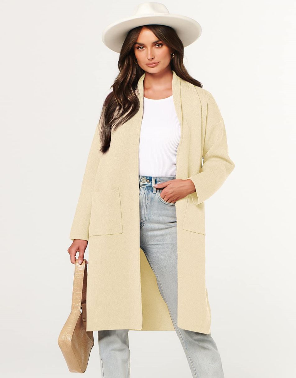 ANRABESS Damen Strickjacke Herbst 2023 Langarm Offen vorne Revers Mantel Casual Strickmantel Jacke mit Taschen
