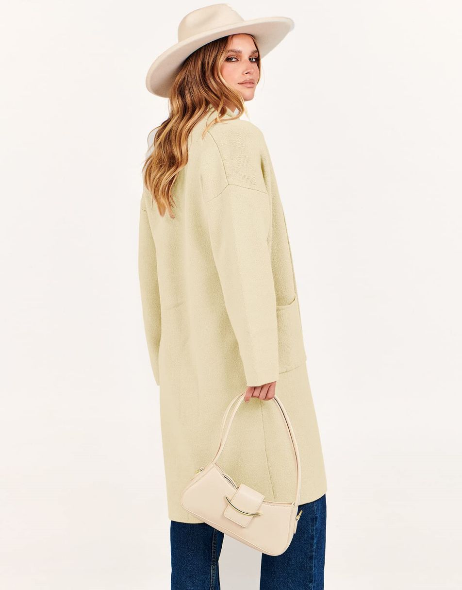 ANRABESS Damen Strickjacke Herbst 2023 Langarm Offen vorne Revers Mantel Casual Strickmantel Jacke mit Taschen