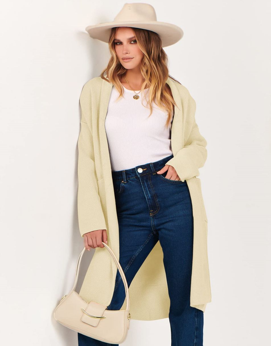 ANRABESS Damen Strickjacke Herbst 2023 Langarm Offen vorne Revers Mantel Casual Strickmantel Jacke mit Taschen