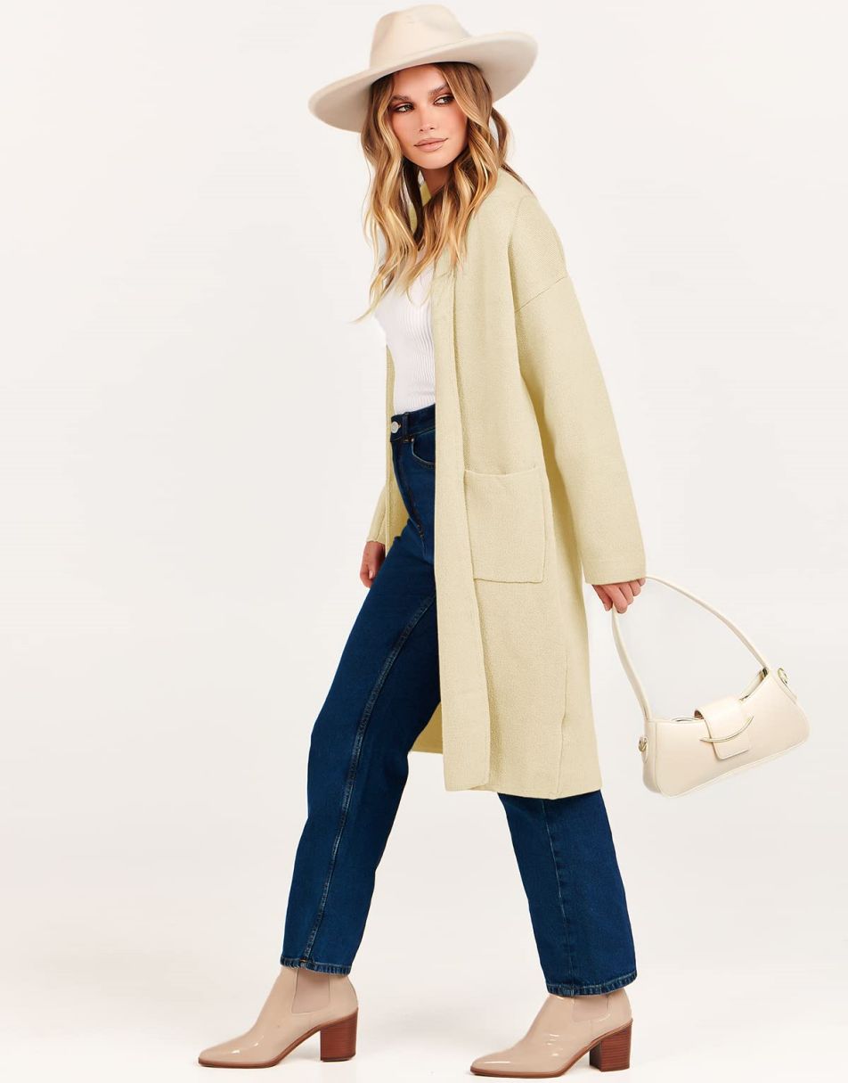 ANRABESS Damen Strickjacke Herbst 2023 Langarm Offen vorne Revers Mantel Casual Strickmantel Jacke mit Taschen