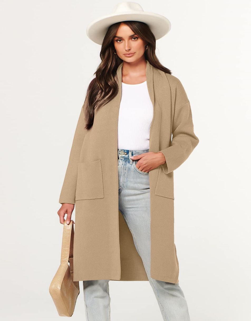 ANRABESS Damen Strickjacke Herbst 2023 Langarm Offen vorne Revers Mantel Casual Strickmantel Jacke mit Taschen