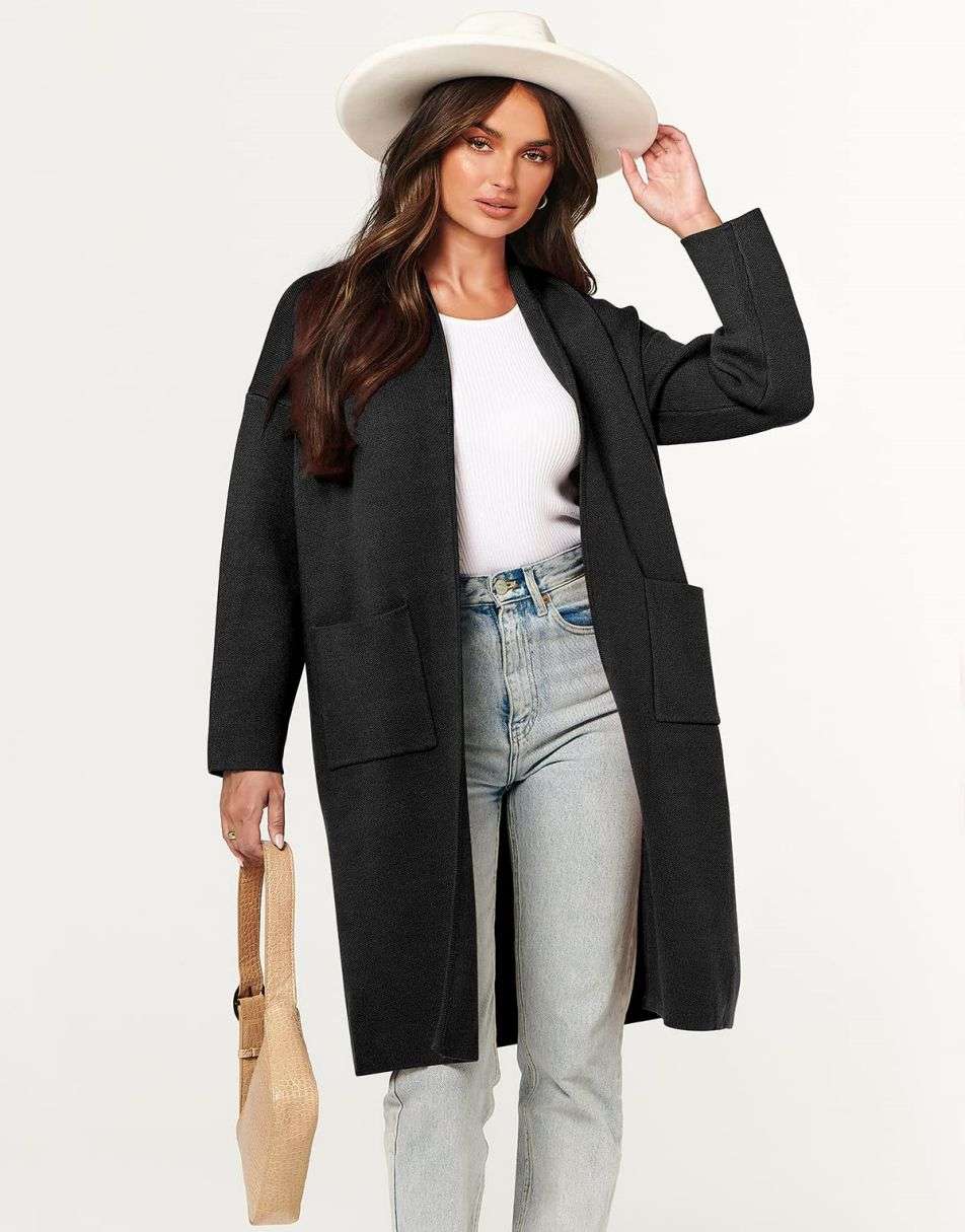 ANRABESS Damen Strickjacke Herbst 2023 Langarm Offen vorne Revers Mantel Casual Strickmantel Jacke mit Taschen