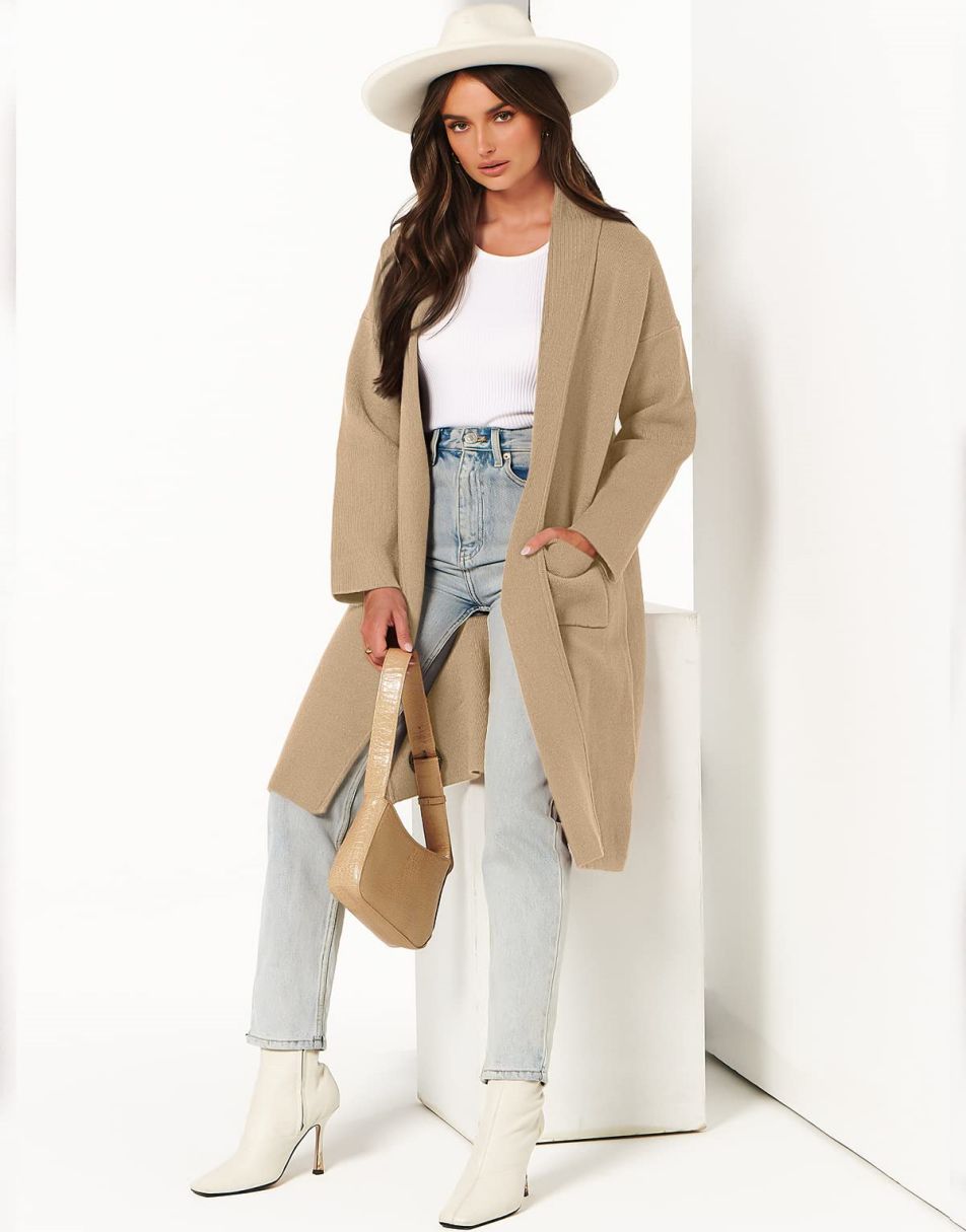 ANRABESS Damen Strickjacke Herbst 2023 Langarm Offen vorne Revers Mantel Casual Strickmantel Jacke mit Taschen