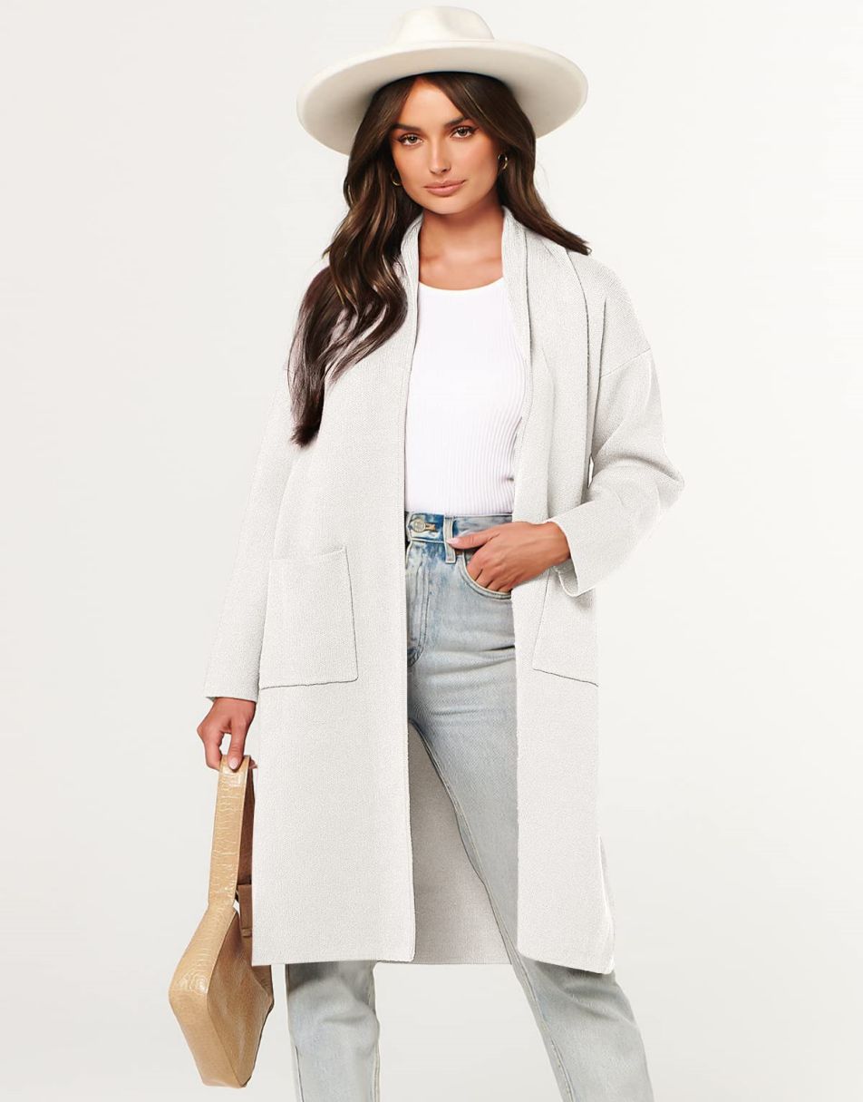 ANRABESS Damen Strickjacke Herbst 2023 Langarm Offen vorne Revers Mantel Casual Strickmantel Jacke mit Taschen