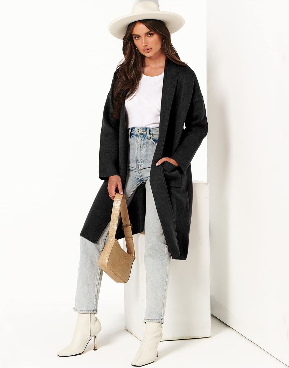 ANRABESS Damen Strickjacke Herbst 2023 Langarm Offen vorne Revers Mantel Casual Strickmantel Jacke mit Taschen