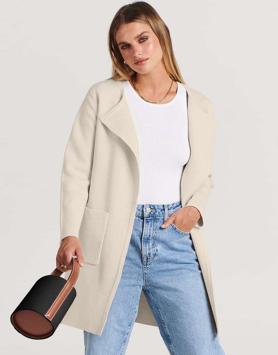ANRABESS Damen Strickjacke mit offenem Vorderteil, Langarm, Revers, lässig, einfarbig, edel, Pullover-Jacke