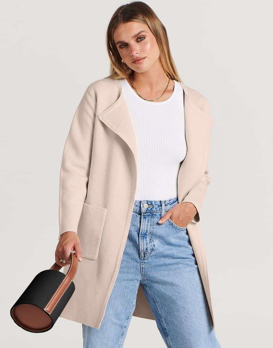 ANRABESS Damen Strickjacke mit offenem Vorderteil, Langarm, Revers, lässig, einfarbig, edel, Pullover-Jacke