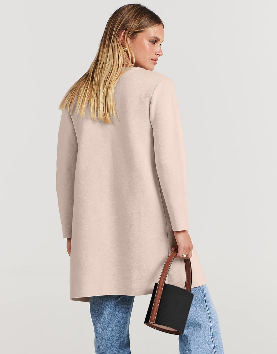 ANRABESS Damen Strickjacke mit offenem Vorderteil, Langarm, Revers, lässig, einfarbig, edel, Pullover-Jacke
